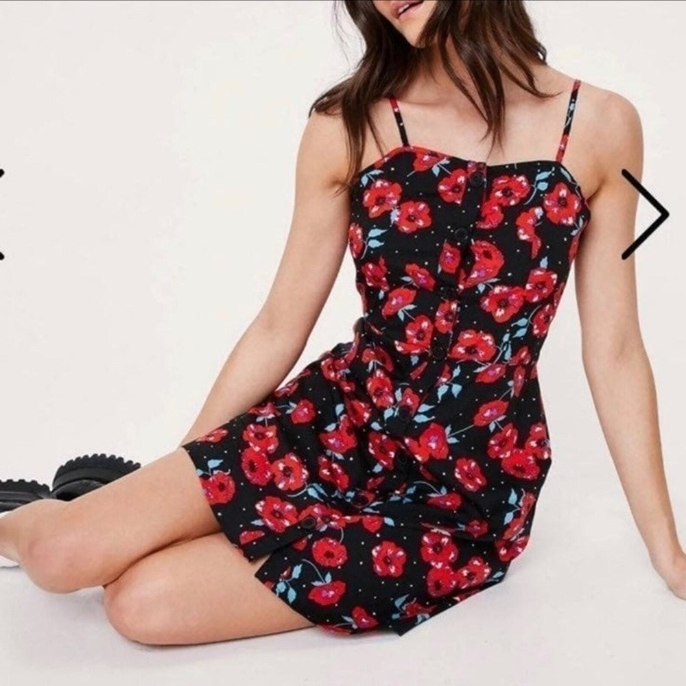 Red Poppy Floral Polka Dot Button Front Mini Dress Black Womens Size 8
